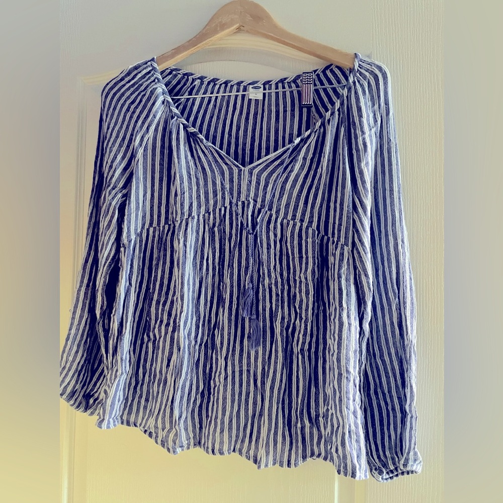 WOMENS OLD NAVY BLUE WHITE STRIPED LONG SLEEVE TUNIC BLOUSE